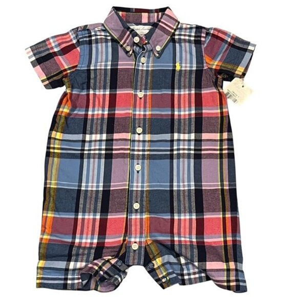 RALPH LAUREN Plaid Short-Sleeve Baby Boy Shirt Romper NWT Size 9M - Picture 1 of 10